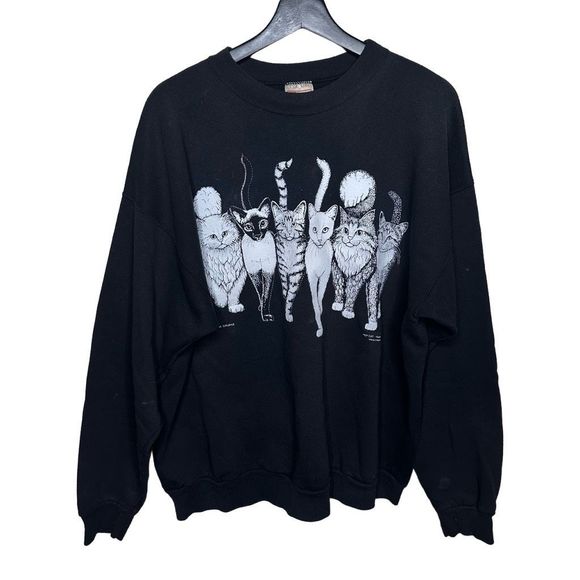 Vintage 80s Cat Lineup Front Back Sweatshirt XL - Picture 1 of 4